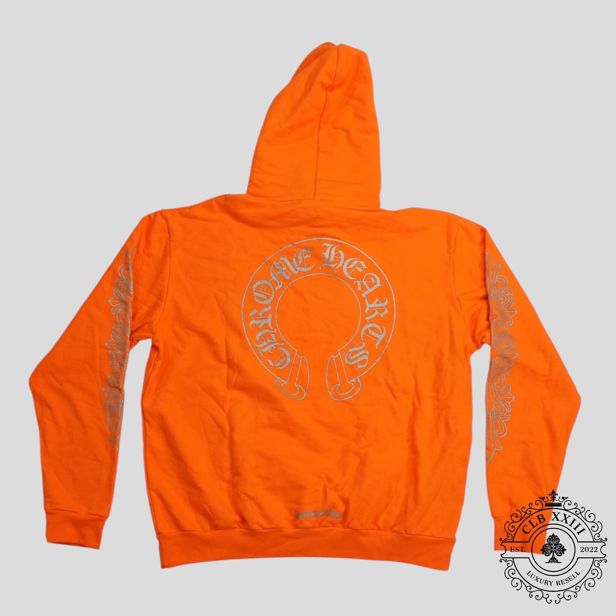 Sweat à capuche Chrome Hearts Miami édition exclusive avec logo fer à cheval, couleur orange