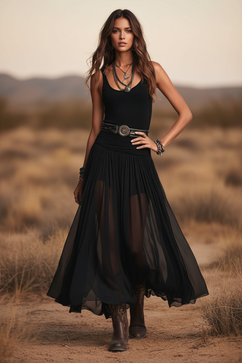 Robe longue maxi plissée en maille noire avec ceinture et col en V