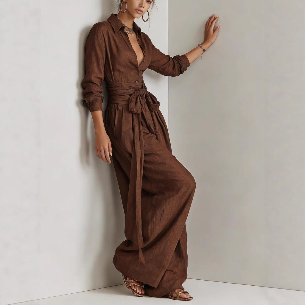 Ensemble deux pièces femme col à manches longues et pantalon taille haute – 5 couleurs