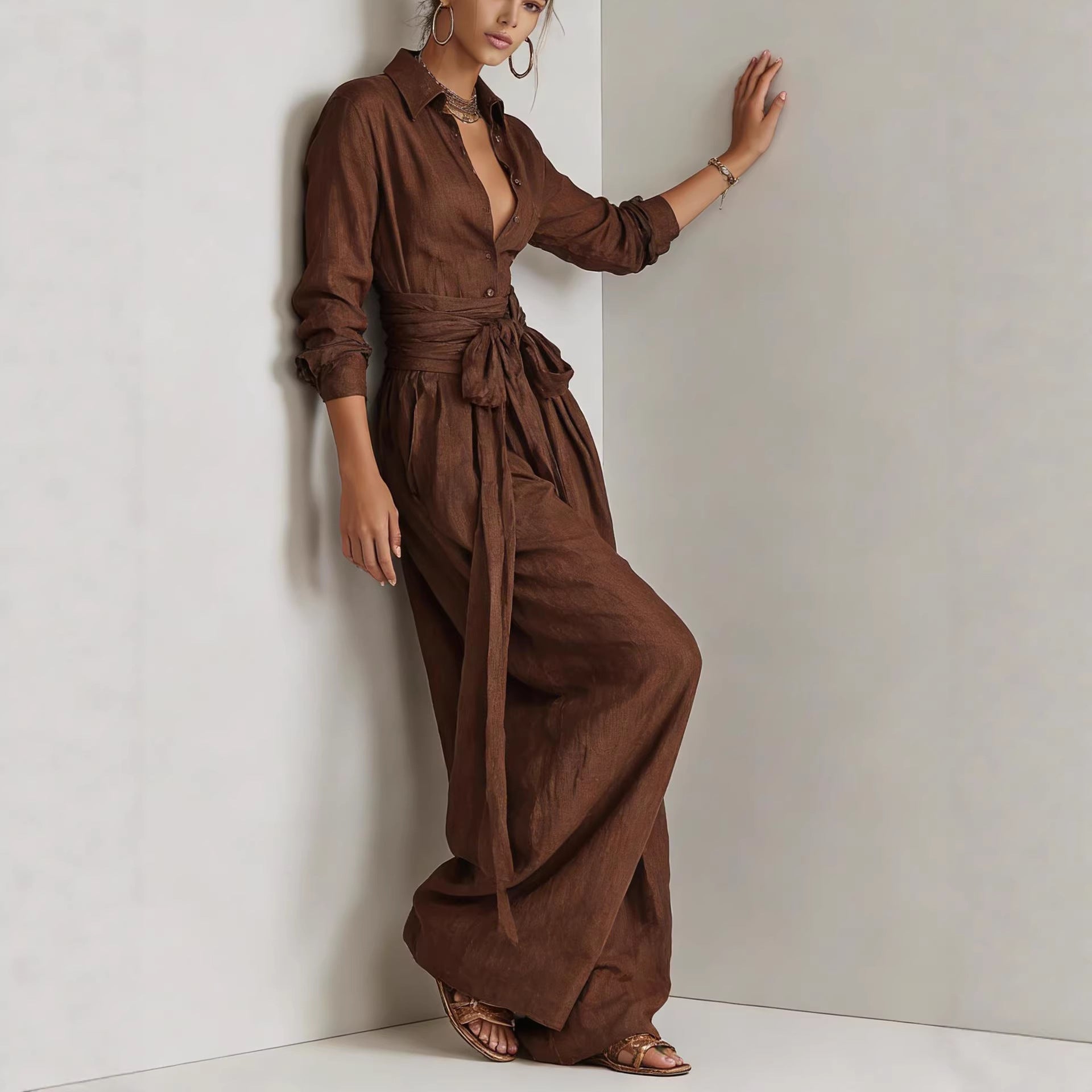Ensemble deux pièces femme col à manches longues et pantalon taille haute – 5 couleurs