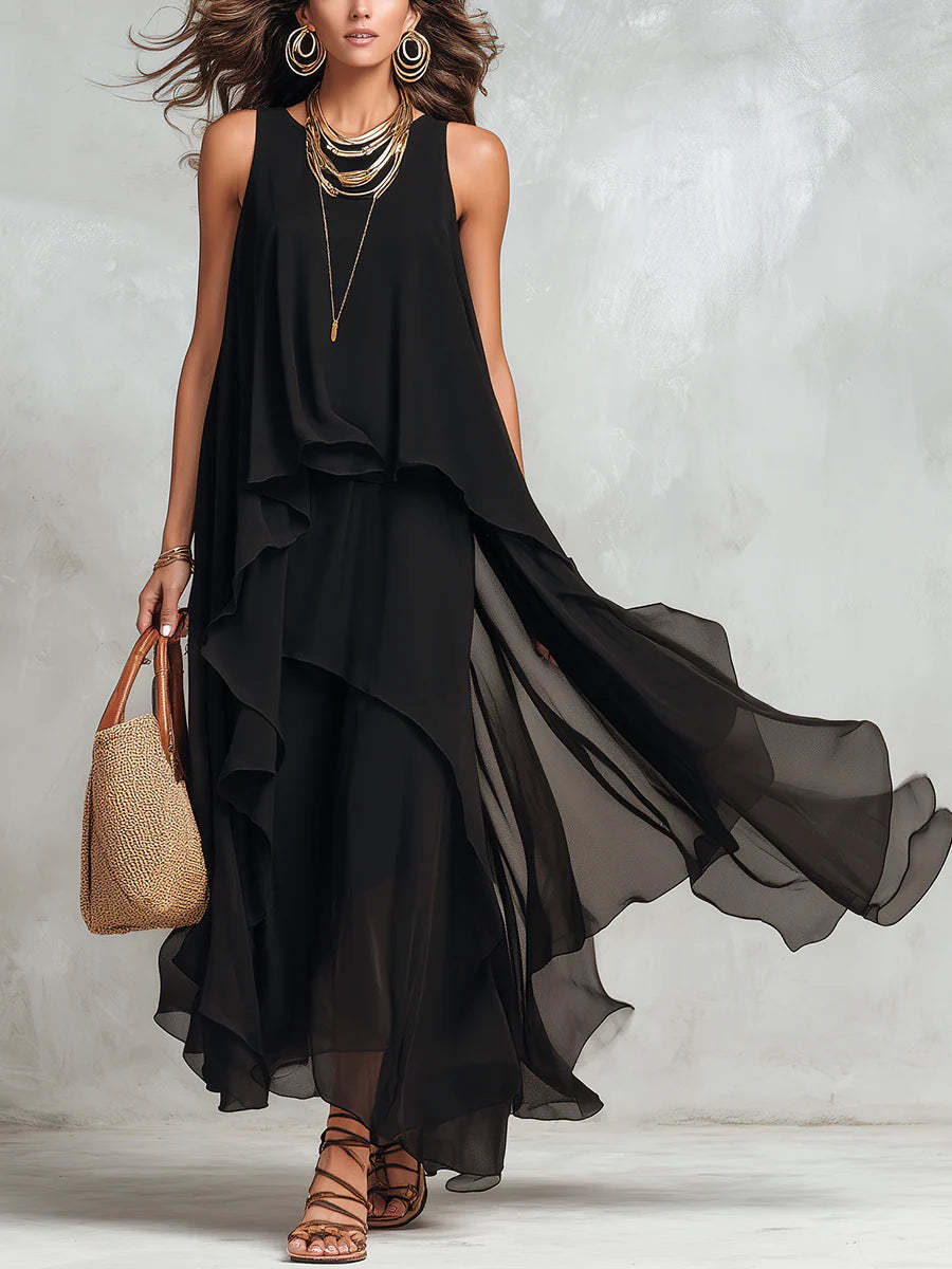 Robe longue asymétrique en mousseline noire – Robe longue fluide sans manches style bohème coupe trapèze pour femme