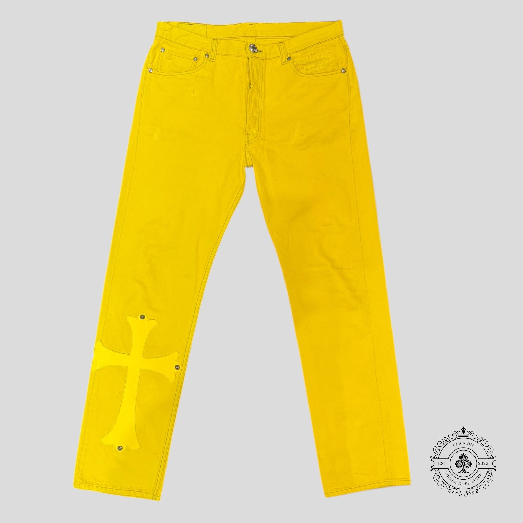 Jean en denim Chrome Hearts à croix brodée jaune