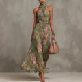 Robe maxi suspendue en maille imprimé graffiti verte – Robe streetwear taille haute fendue asymétrique