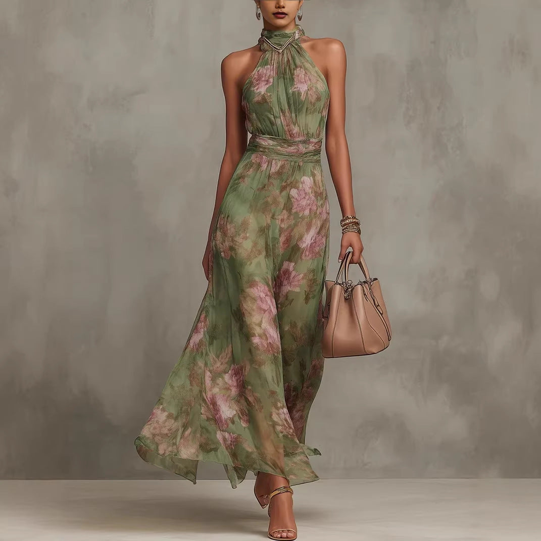 Robe maxi suspendue en maille imprimé graffiti verte – Robe streetwear taille haute fendue asymétrique