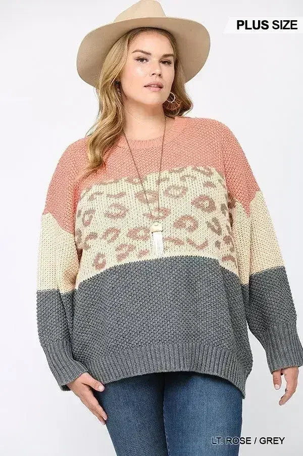 Pull en maille mélangée blocs de couleur et imprimé léopard