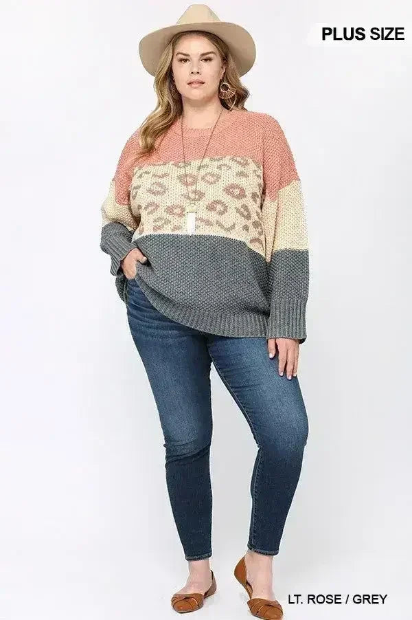 Pull en maille mélangée blocs de couleur et imprimé léopard