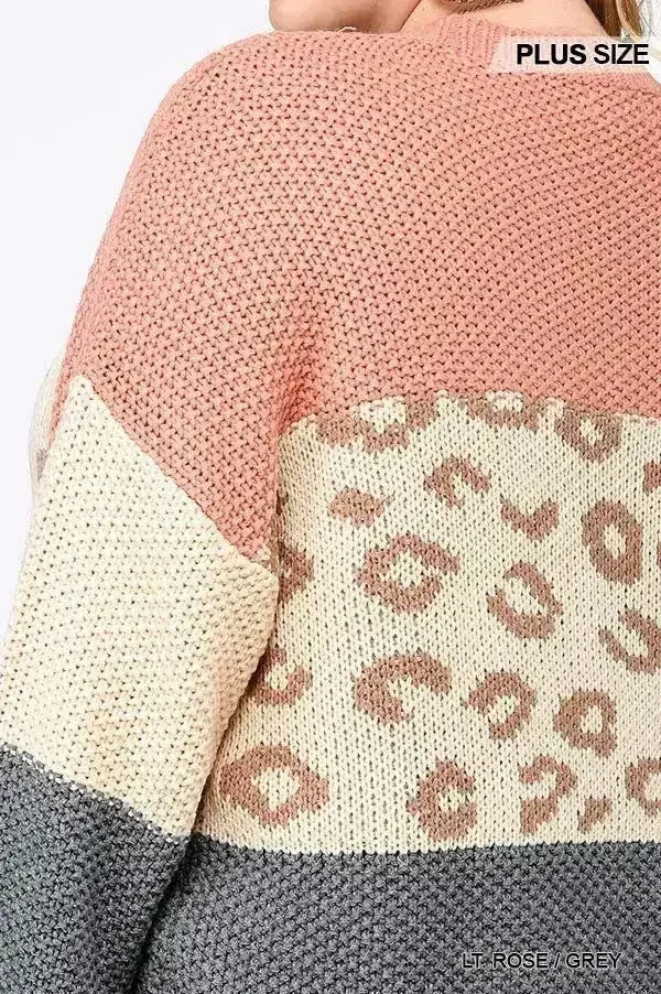 Pull en maille mélangée blocs de couleur et imprimé léopard