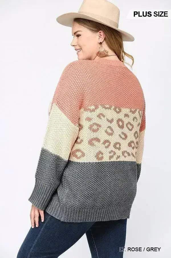 Pull en maille mélangée blocs de couleur et imprimé léopard