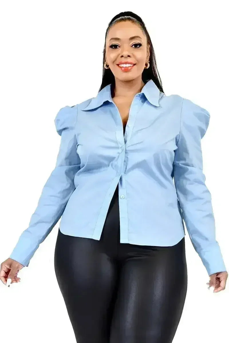 Chemise Popeline Unie à Manches Bouffantes Coupe Ample
