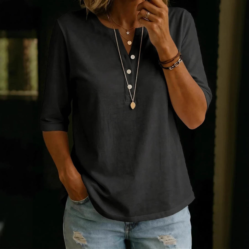 Haut Henley uni à manches courtes et boutonnage frontal pour femme