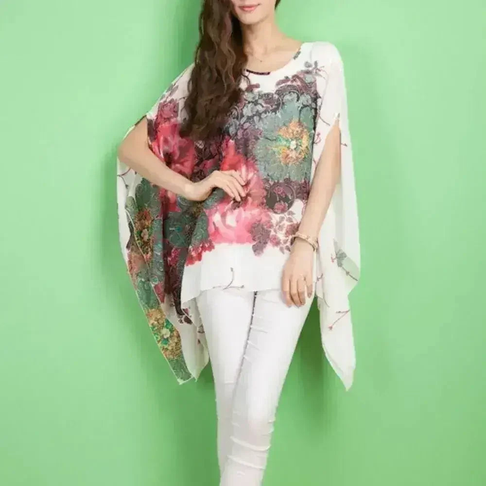 Haut fleuri pivoine - Blouse chauve-souris en mousseline de soie | Femstylo