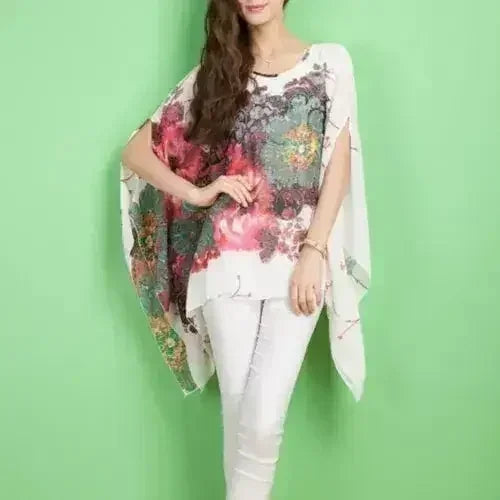 Haut fleuri pivoine - Blouse chauve-souris en mousseline de soie | Femstylo