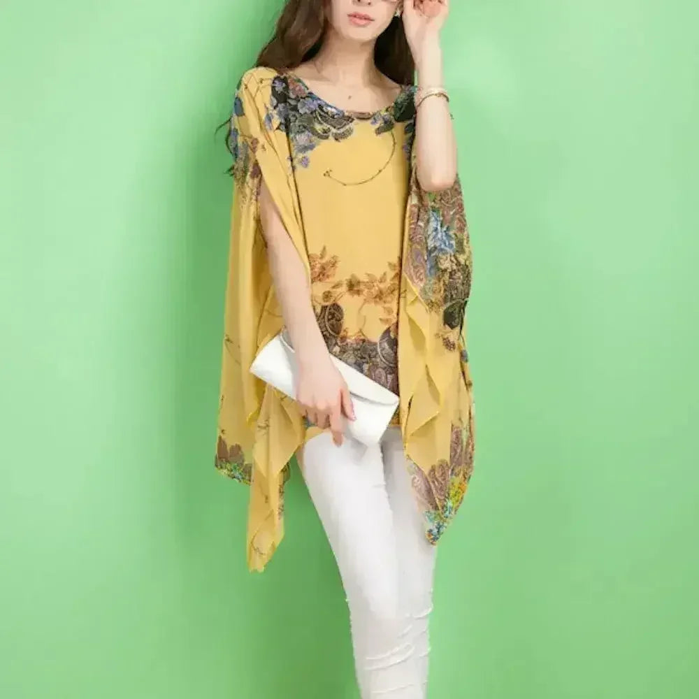 Haut fleuri pivoine - Blouse chauve-souris en mousseline de soie | Femstylo