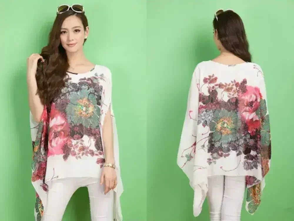 Haut fleuri pivoine - Blouse chauve-souris en mousseline de soie | Femstylo