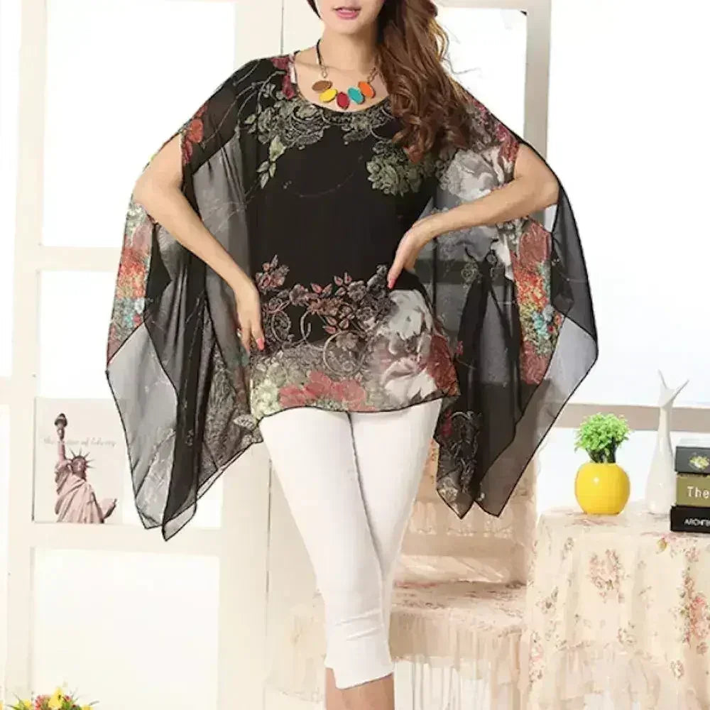 Haut fleuri pivoine - Blouse chauve-souris en mousseline de soie | Femstylo