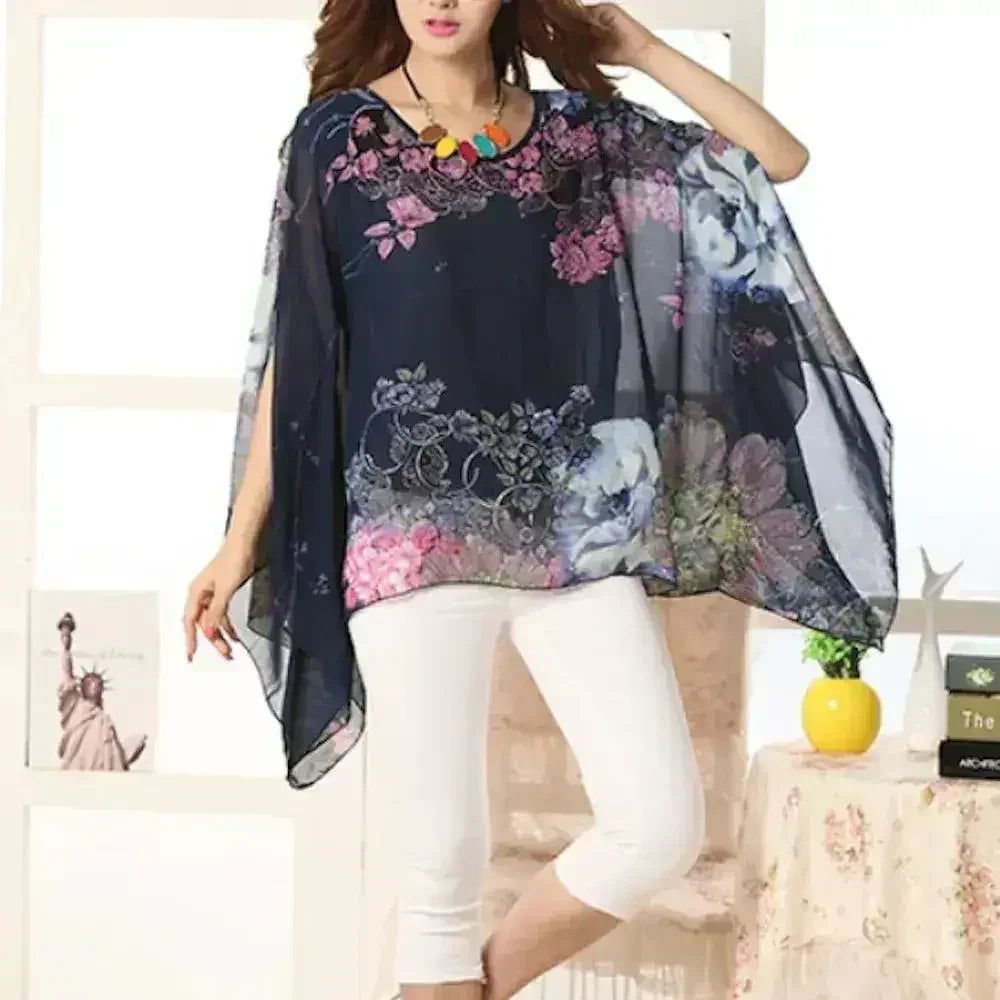 Haut fleuri pivoine - Blouse chauve-souris en mousseline de soie | Femstylo