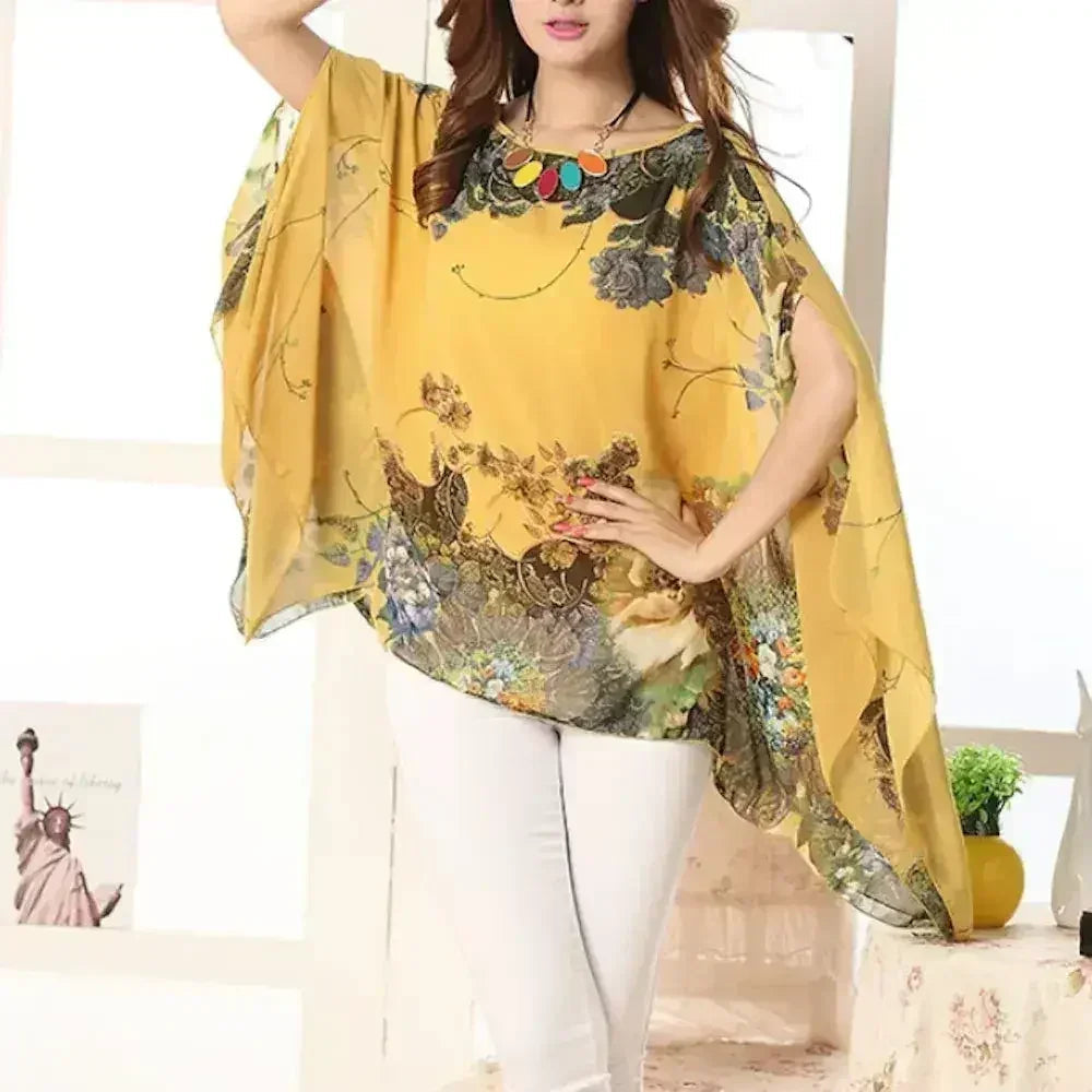 Haut fleuri pivoine - Blouse chauve-souris en mousseline de soie | Femstylo