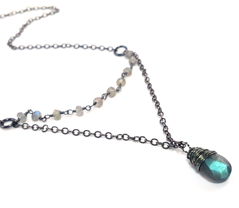 Chapelet Collier Labradorite Flash Bleu et Argent Oxydé