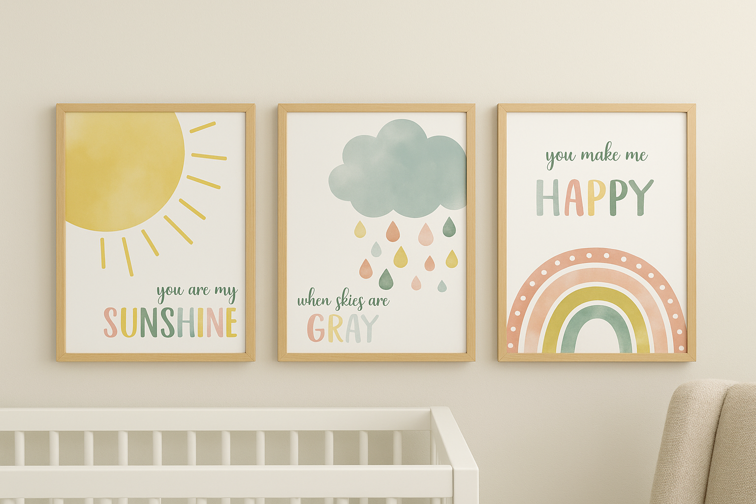 You Are My Sunshine Watercolor Nursery Wall Art Set – 3 Printable A4 Print
