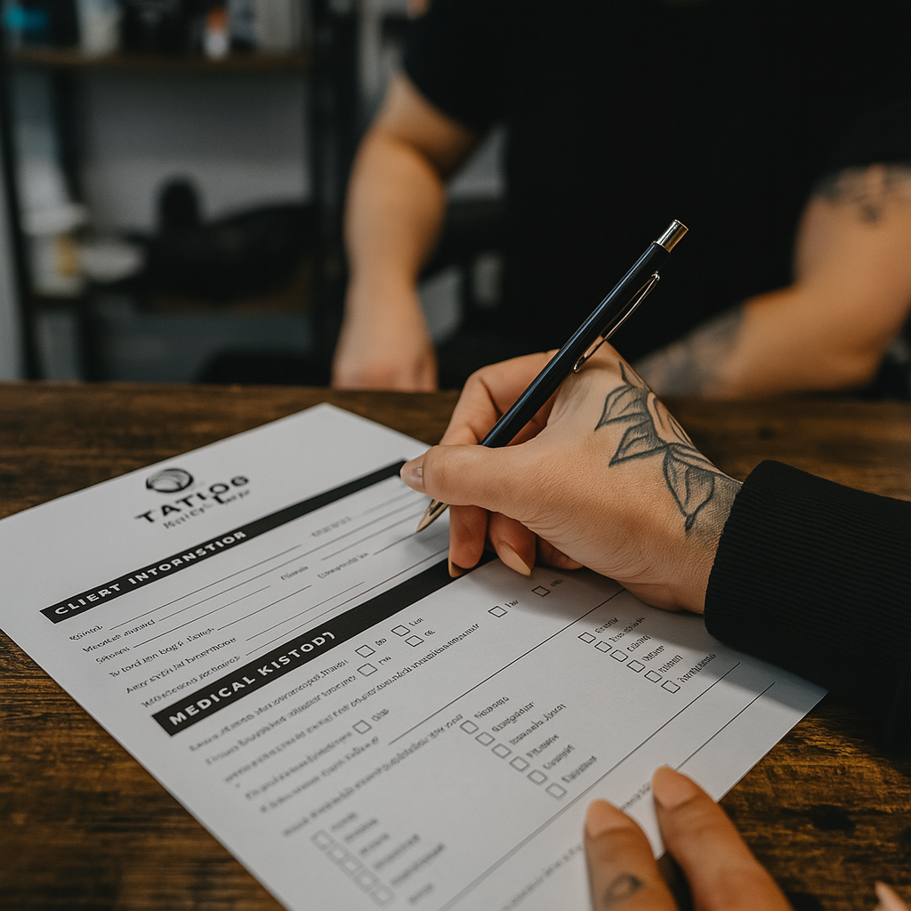 Formulaire d'admission et de décharge de responsabilité pour tatouage – Modèle Canva personnalisable (Téléchargement instantané)