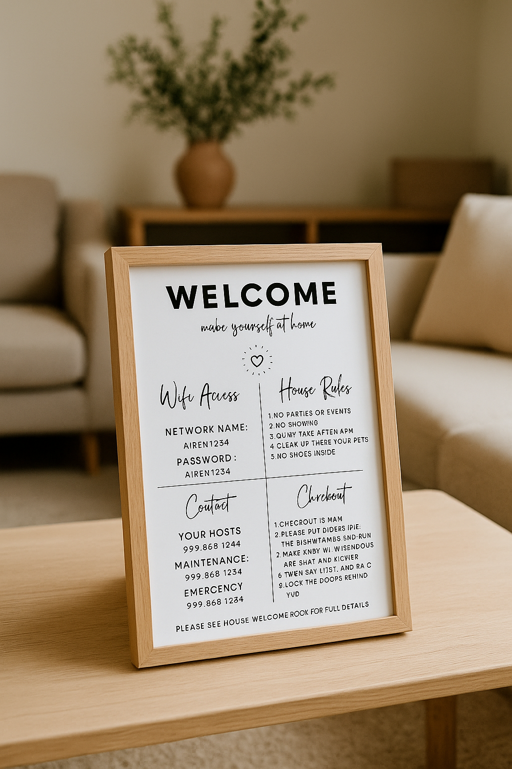 Airbnb & Vrbo Welcome Sign Canva Template – Editable House Rules + WiFi Info