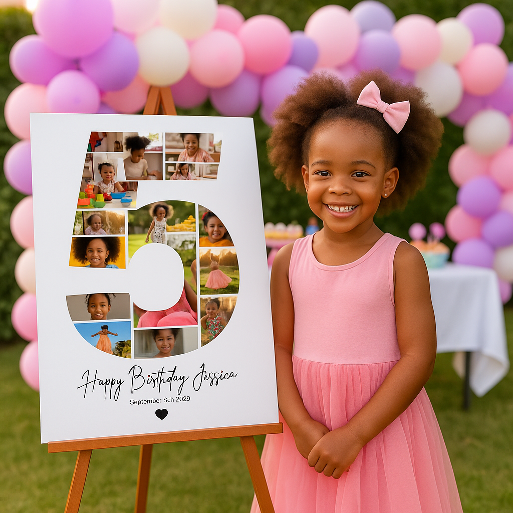 Modèle Canva de collage photo pour le 5e anniversaire – Affiche personnalisable des étapes importantes