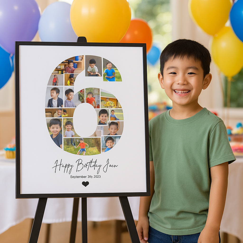 Modèle Canva de collage de photos pour le 6e anniversaire – Affiche personnalisable des étapes importantes