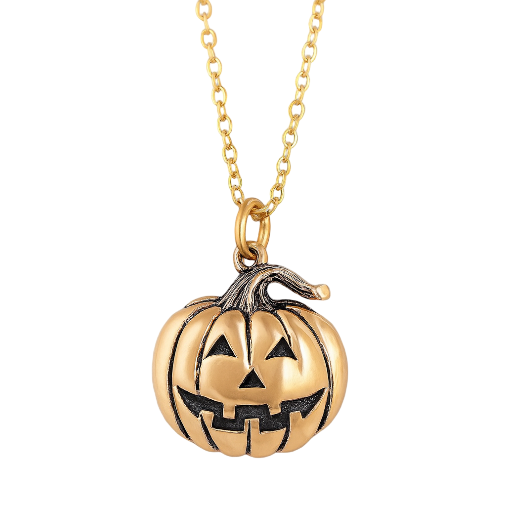 Collier Pendentif Citrouille Jack O’ Lantern en Bronze – Pendentif d'Halloween sur Chaîne en Plaqué Or 18"