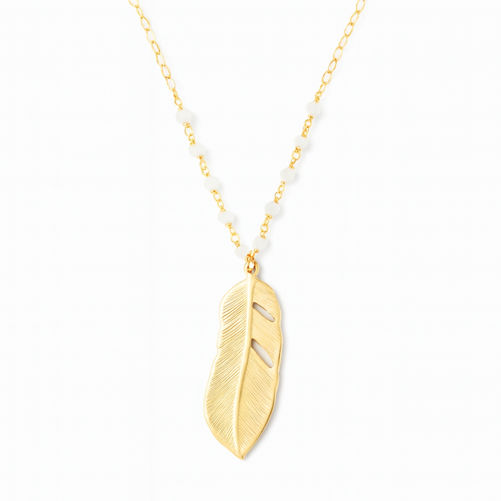 Vu dans Fuller House – Collier Plume Dorée & Pierre de Lune, 61 cm