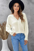 Pull chic en tricot à col en V en dentelle blanche