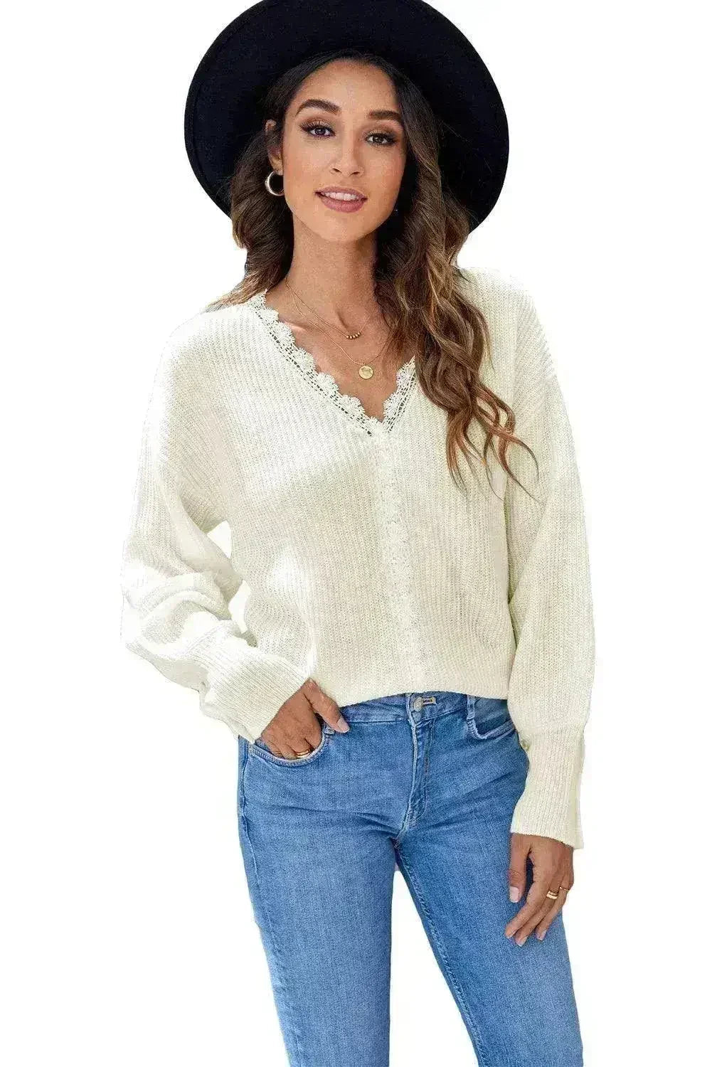 Pull chic en tricot à col en V en dentelle blanche