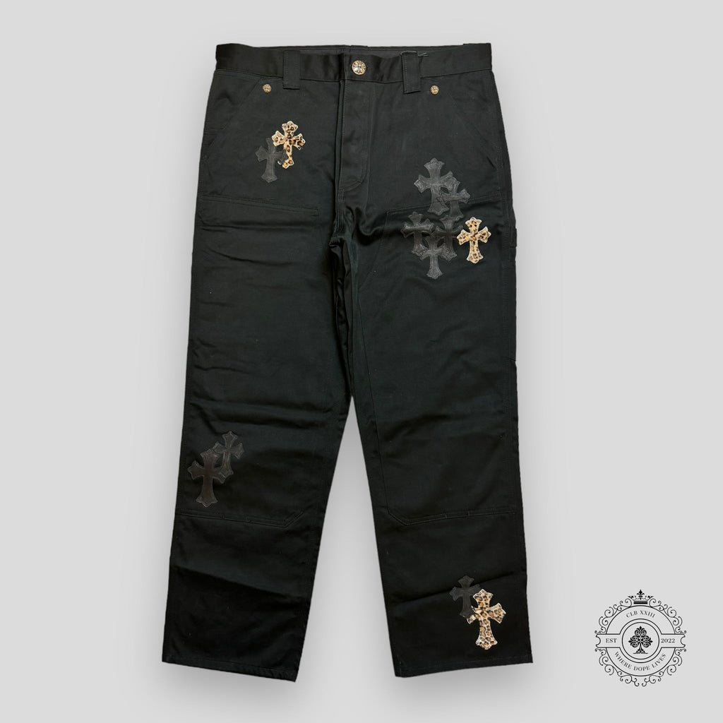 Pantalon de charpentier Chrome Hearts à double genou et écussons croisés noir/léopard