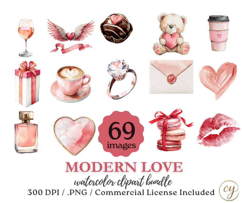 Lot d'images clipart Saint-Valentin "Amour moderne" – 69 PNG aquarelle