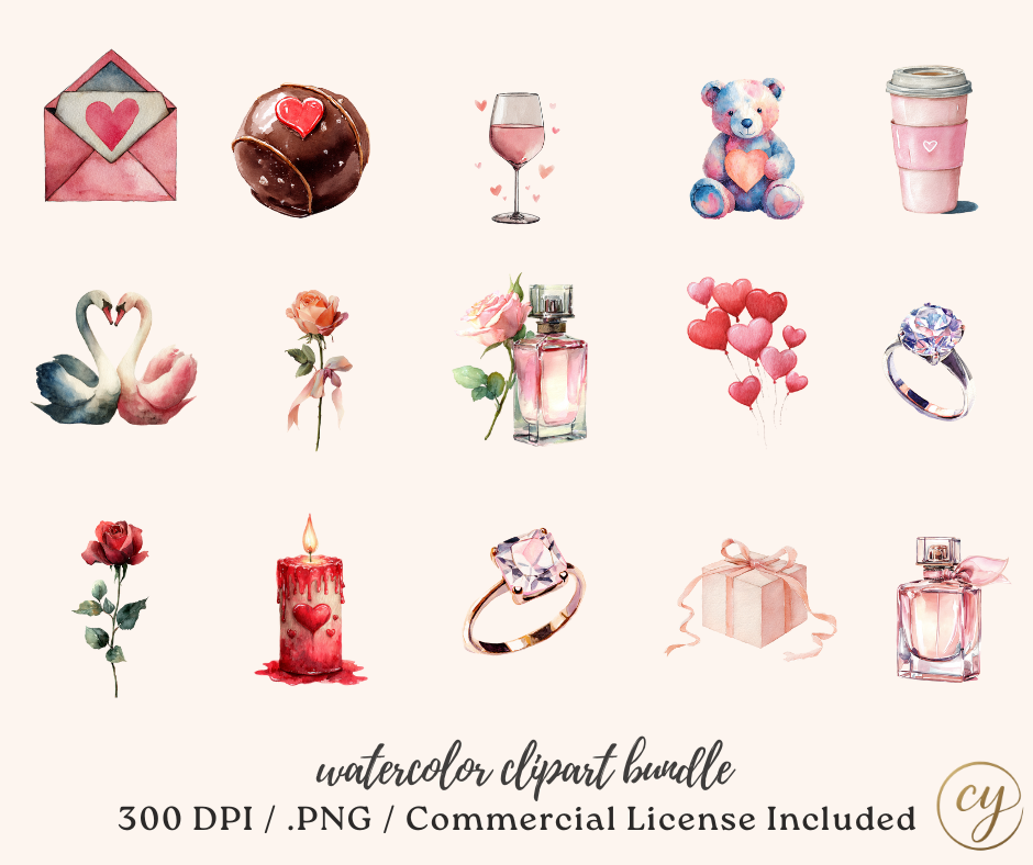 Lot d'images clipart Saint-Valentin "Amour moderne" – 69 PNG aquarelle