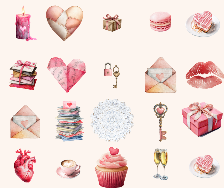 Lot d'images clipart Saint-Valentin "Amour moderne" – 69 PNG aquarelle