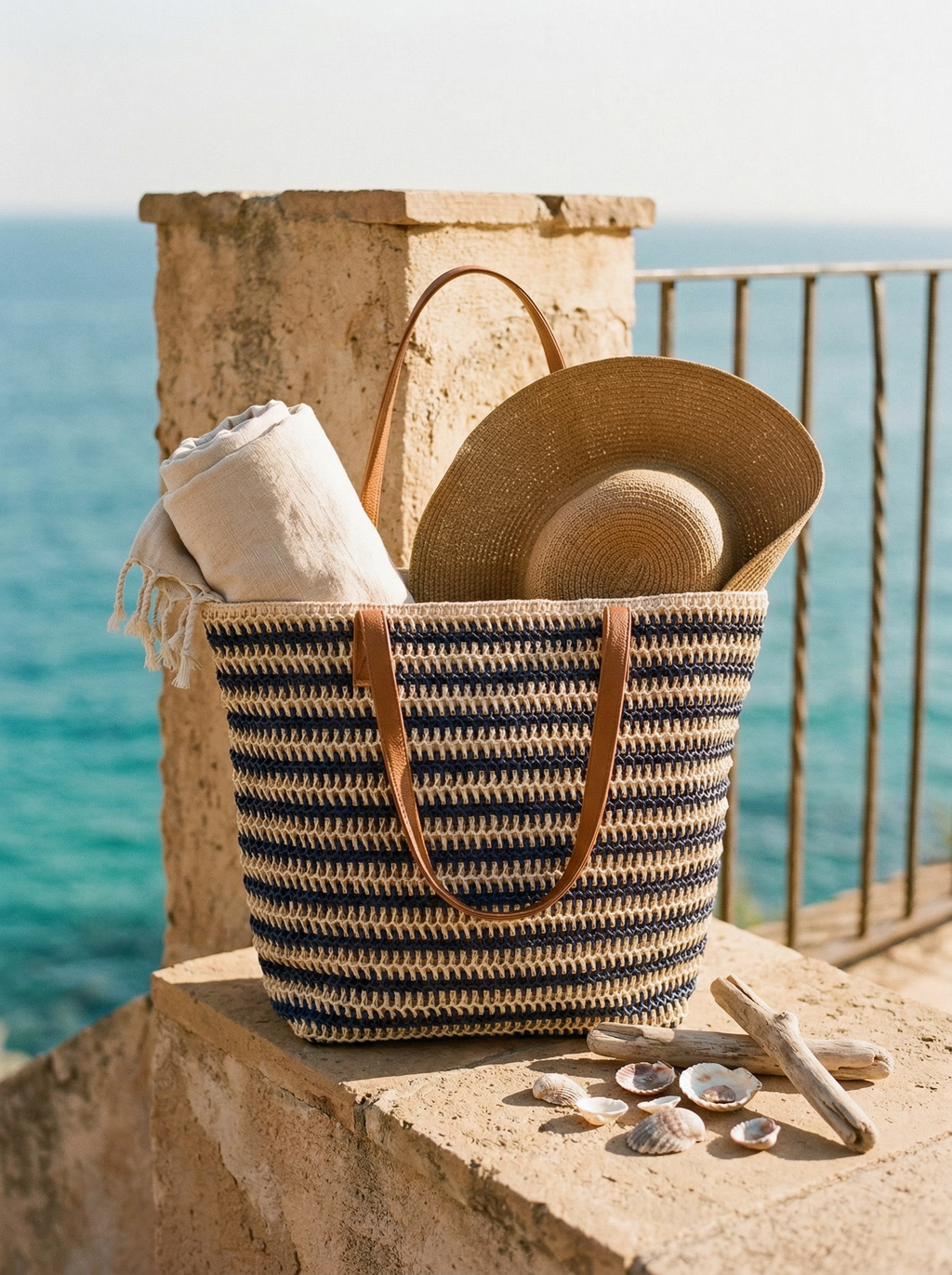 Grand cabas rayé tissé à la main pour les vacances d'été