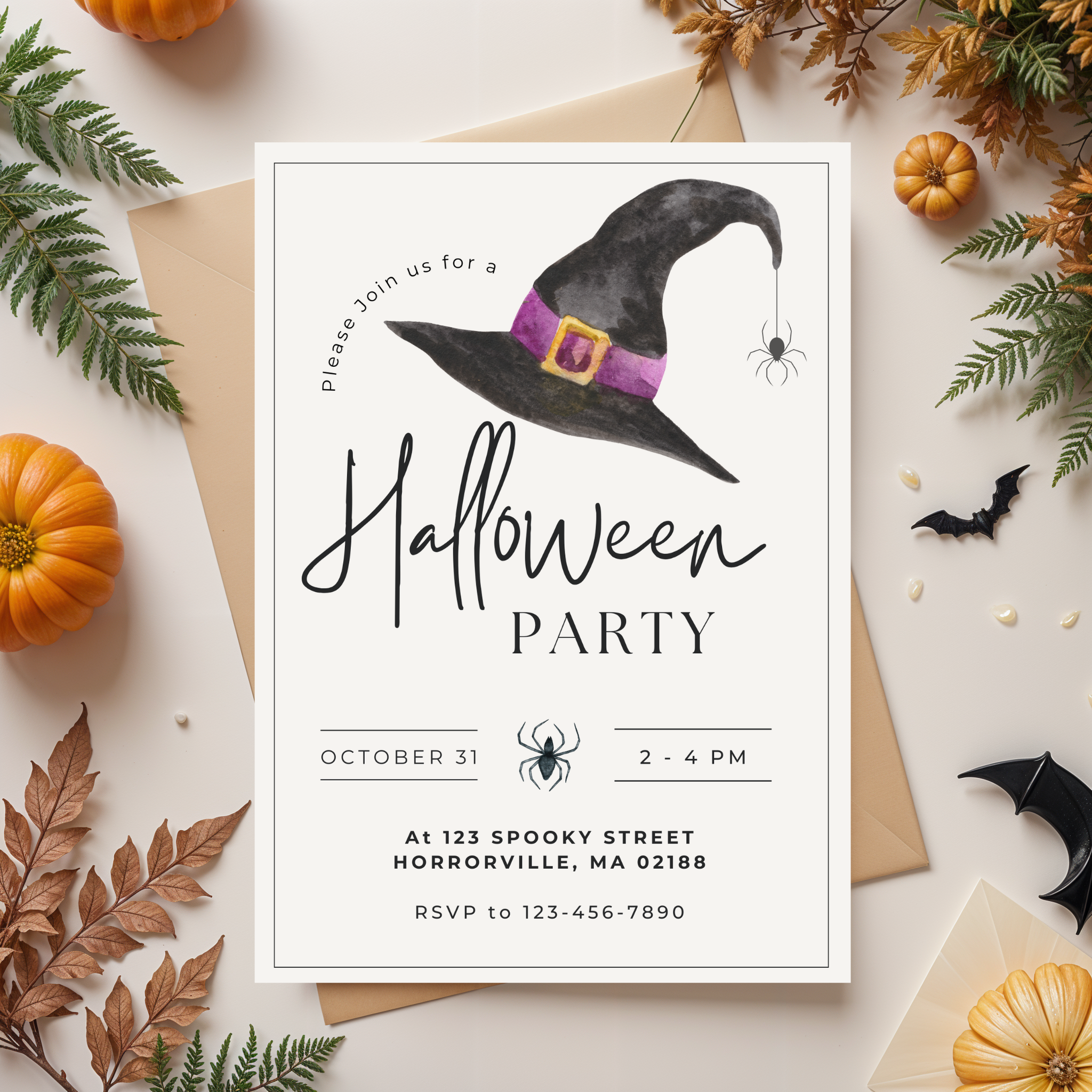 Invitation minimaliste pour une fête d'Halloween – Modèle Canva modifiable (Téléchargement instantané)
