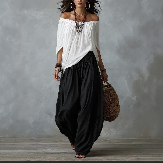 Ensemble deux pièces t-shirt asymétrique et pantalon ample pour femme — Tenue décontractée urbaine