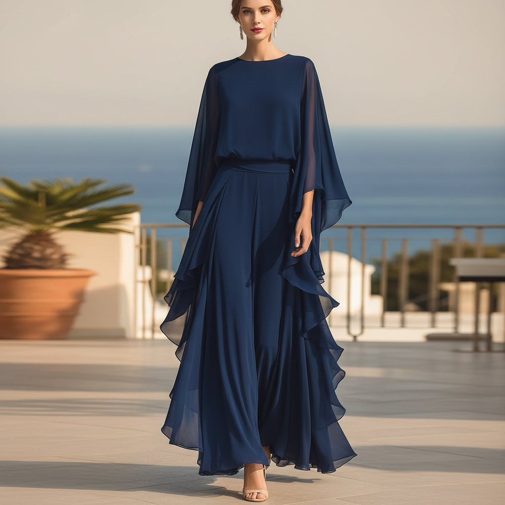 Ensemble Pantalon Large et Volants Bleu Profond – Tenue Élégante Deux Pièces à Manches Chauve-Souris pour Femme