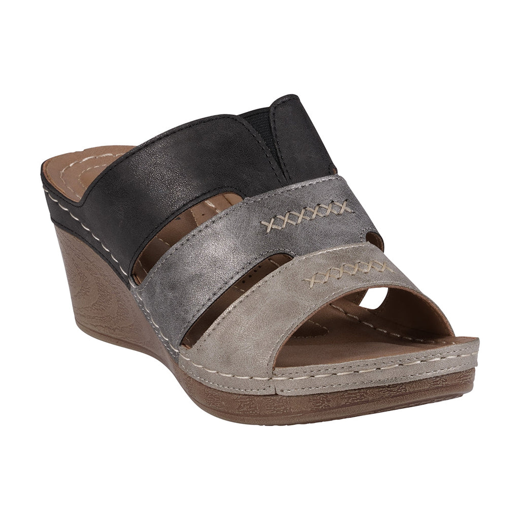 Sandales compensées Delores Black Multi-Tone triple bride contrastante