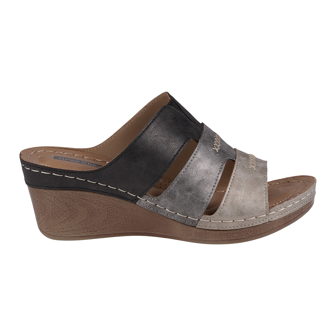 Sandales compensées Delores Black Multi-Tone triple bride contrastante