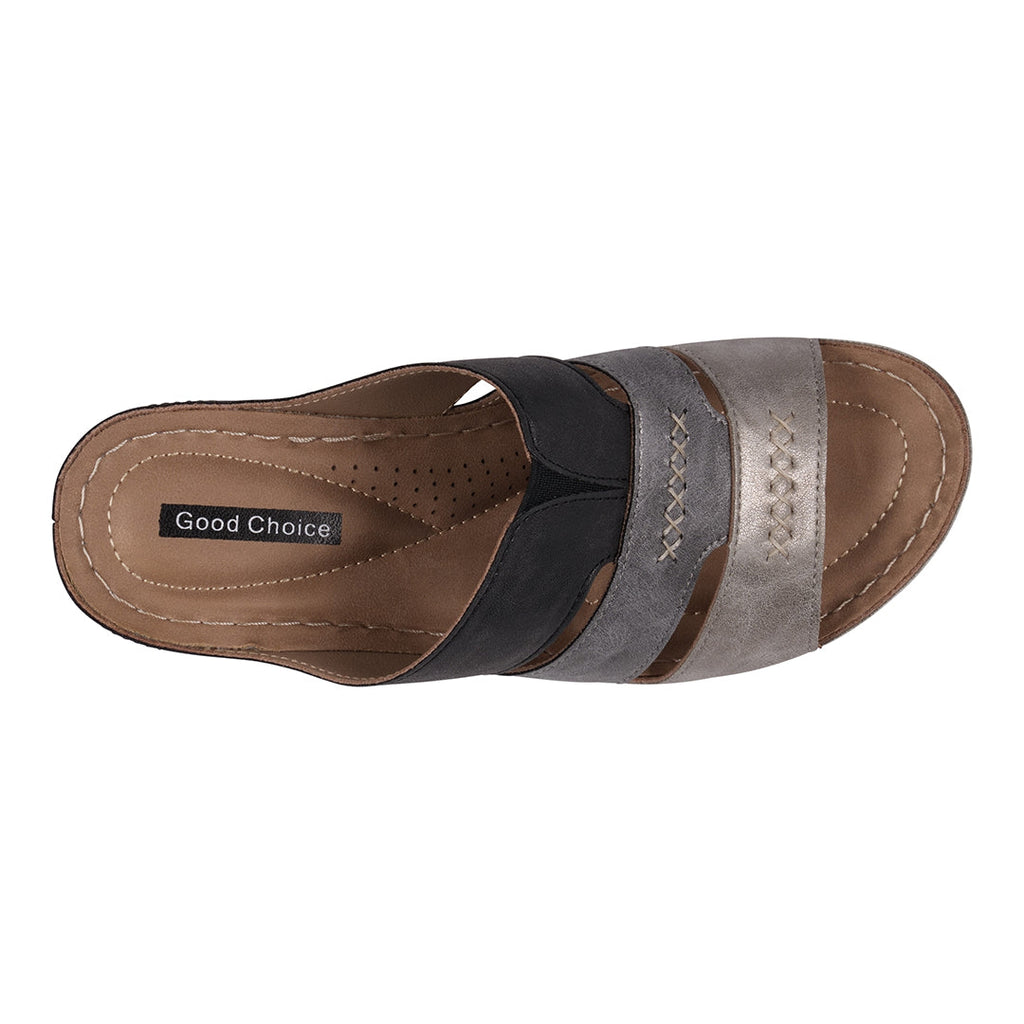 Sandales compensées Delores Black Multi-Tone triple bride contrastante
