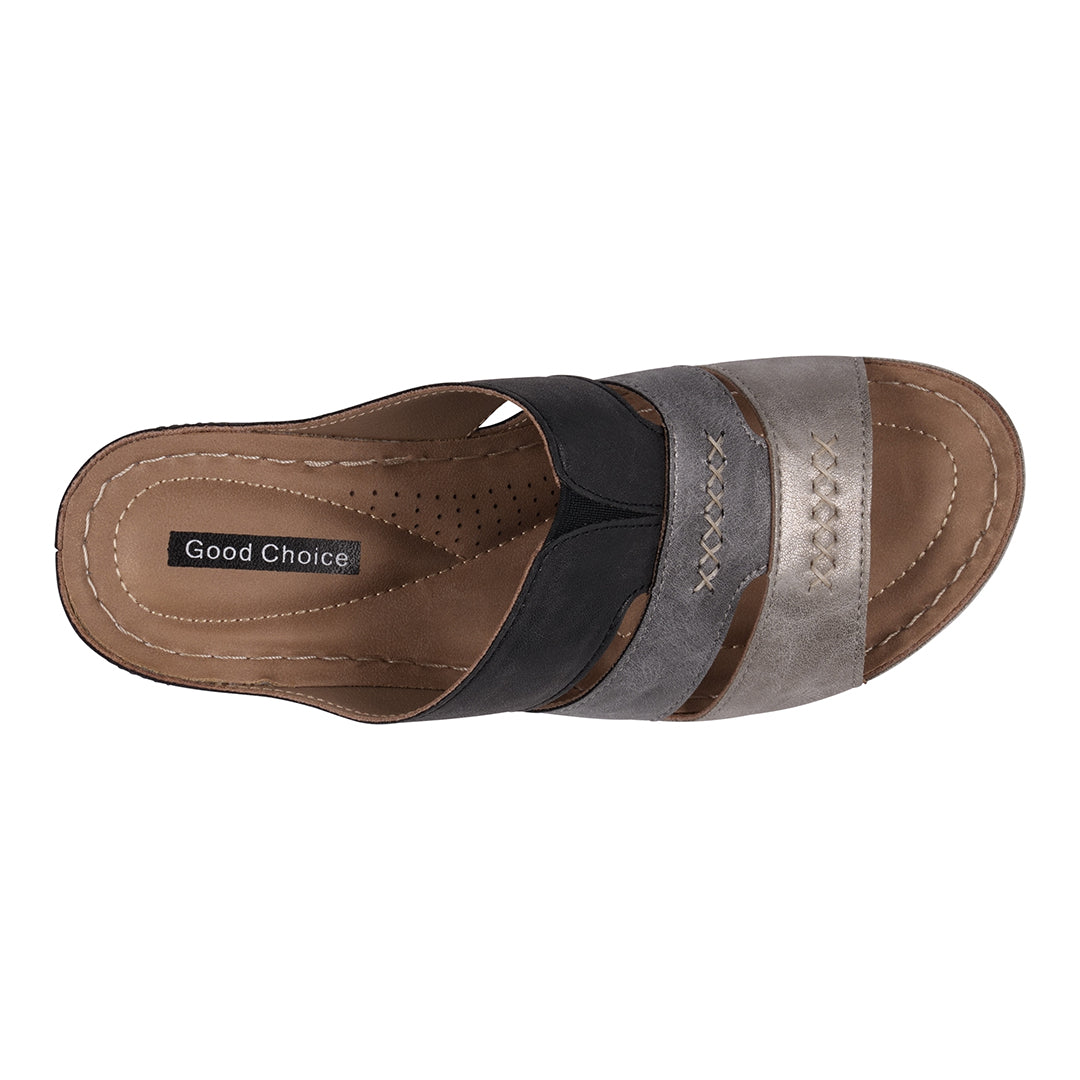 Sandales compensées Delores Black Multi-Tone triple bride contrastante