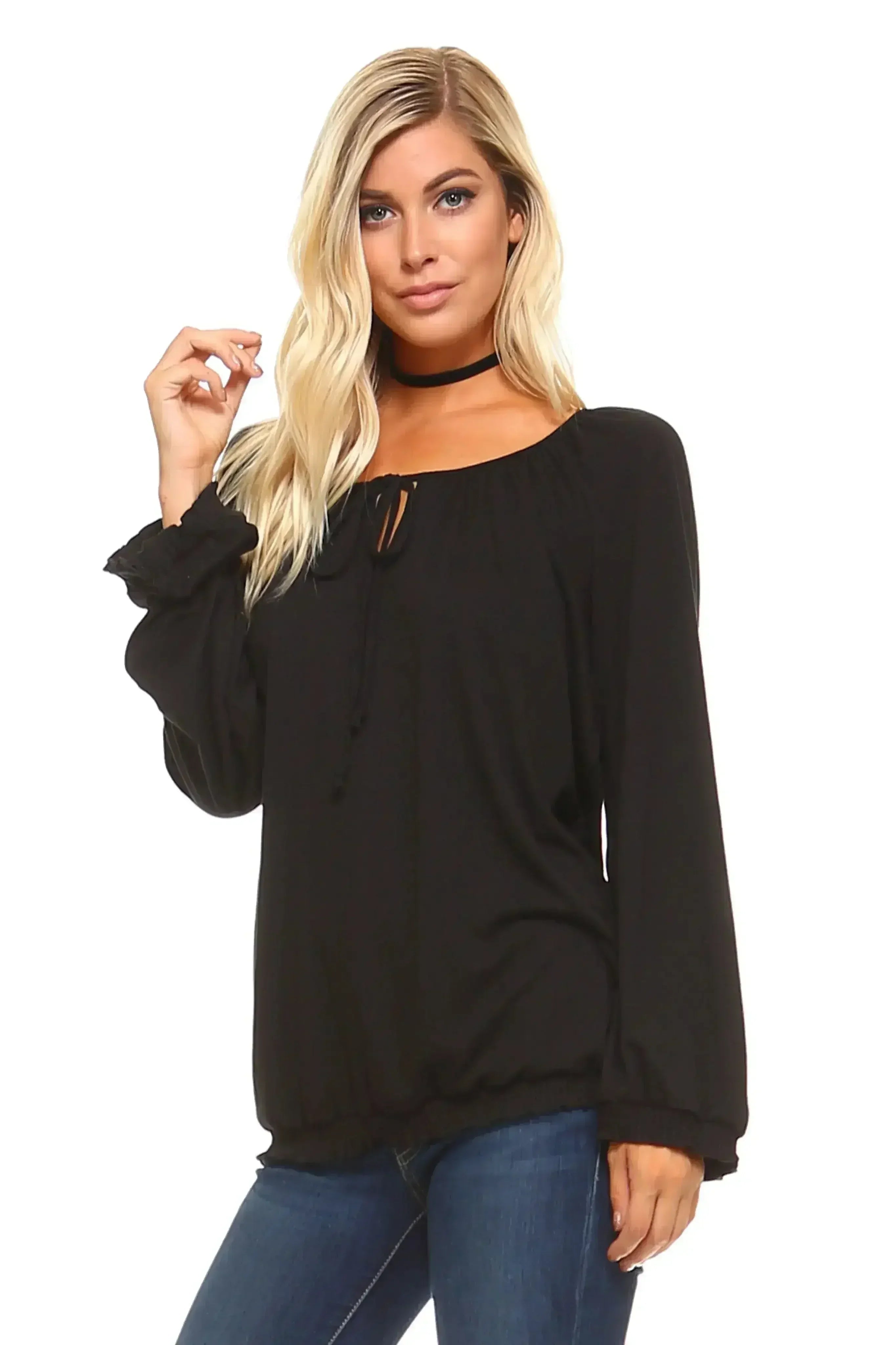 Haut paysan uni à manches longues pour femme | Femstylo
