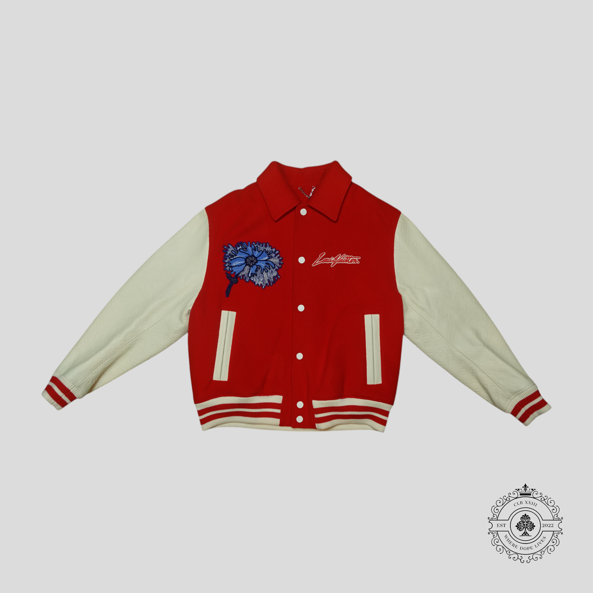 Blouson universitaire Louis Vuitton x Yayoi Kusama Psychedelic Flower Monogram embossé rouge/blanc