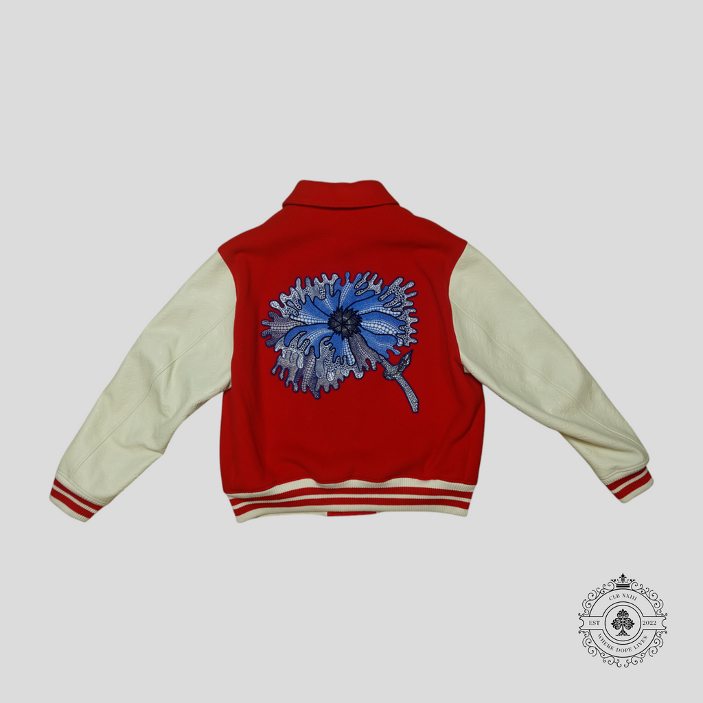 Blouson universitaire Louis Vuitton x Yayoi Kusama Psychedelic Flower Monogram embossé rouge/blanc