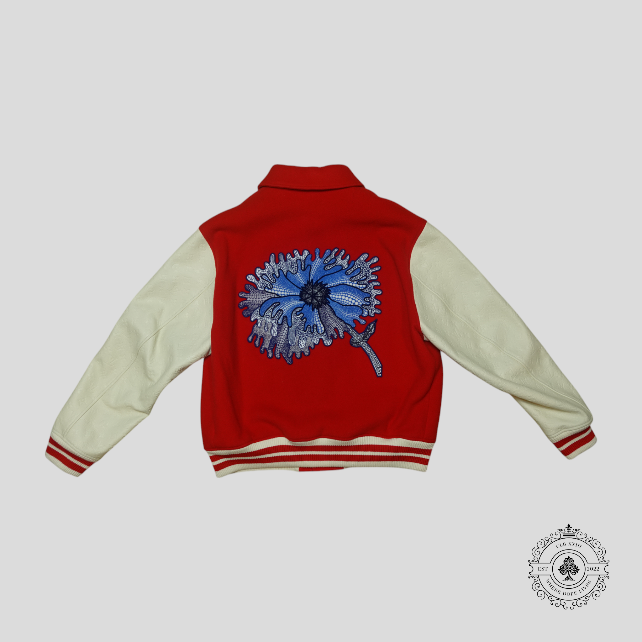 Blouson universitaire Louis Vuitton x Yayoi Kusama Psychedelic Flower Monogram embossé rouge/blanc