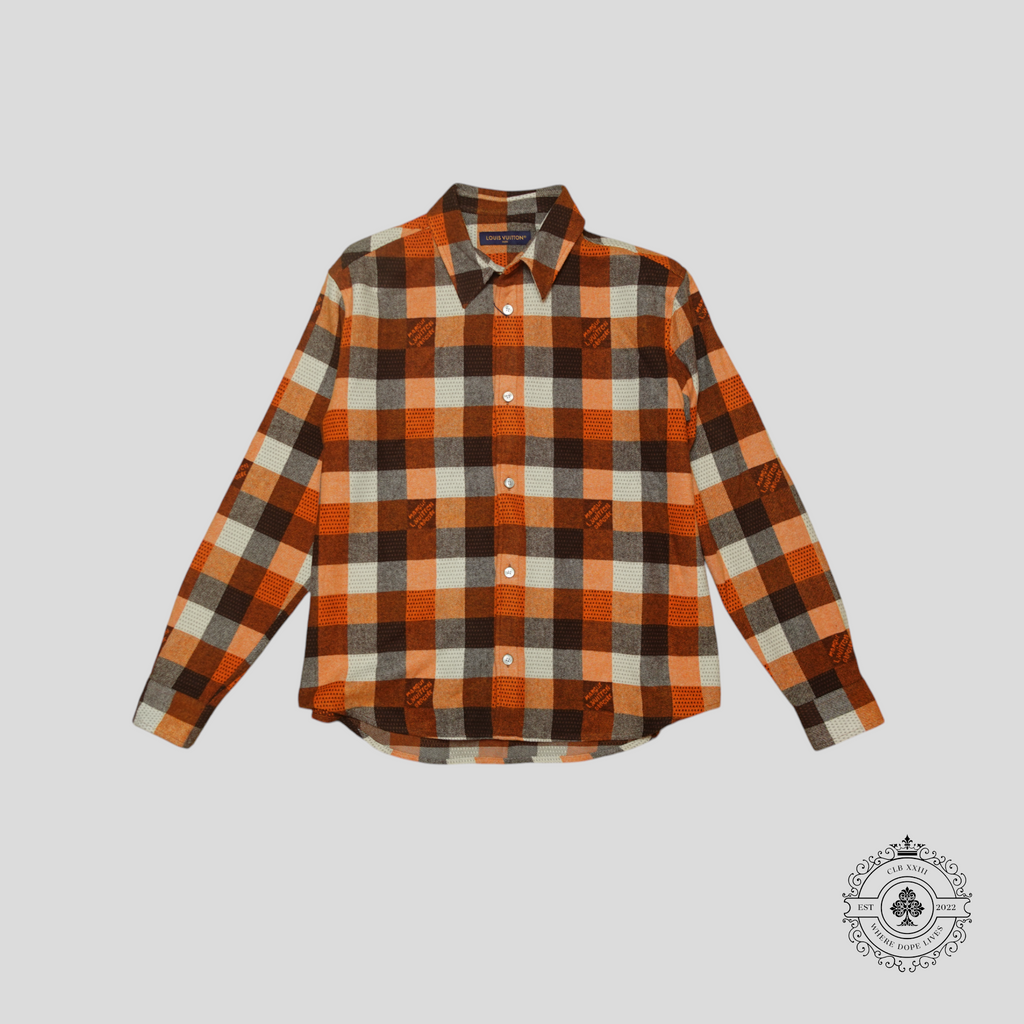 Chemise à manches longues boutonnée Louis Vuitton en flanelle tartan orange/noir/blanc
