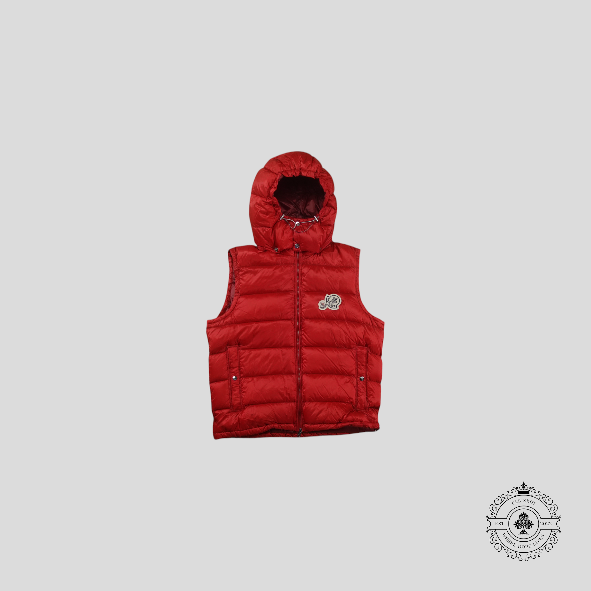 Gilet Moncler Tib à Capuche avec Logo Écusson Rouge