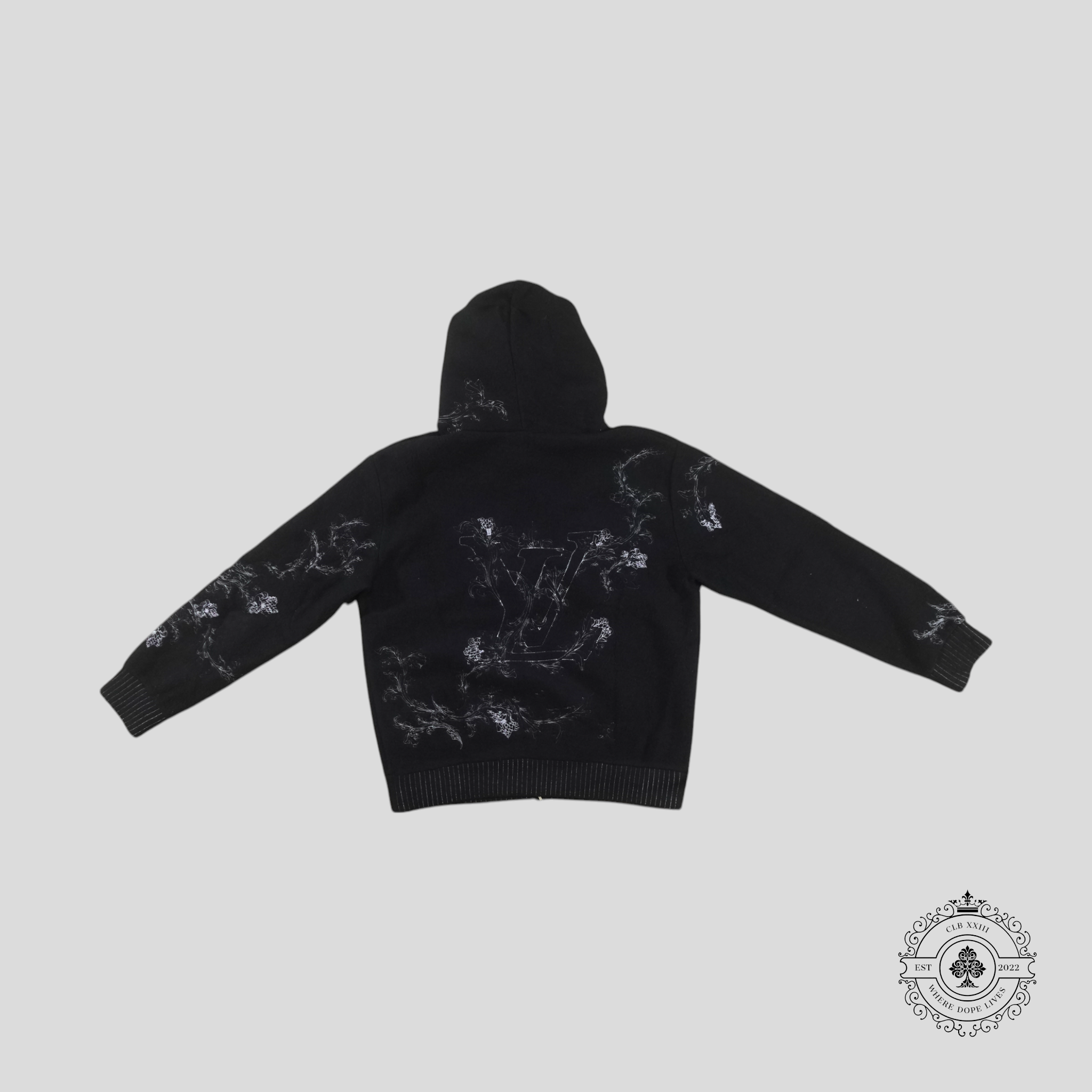 Sweat à capuche zippé Louis Vuitton brodé de fleurs, bleu marine